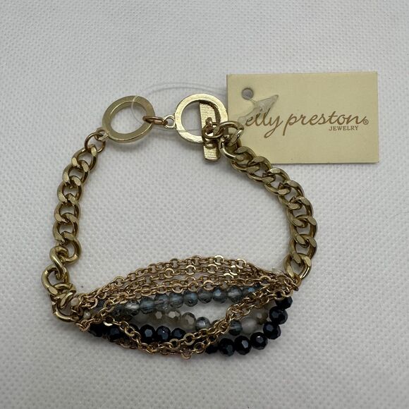 Elly Preston Gold Tone Beaded Multi Strand Chain Bracelet New Blue Gray - Picture 1 of 6